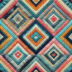 Seamless knitted pattern in the form of gradient rhombuses is crocheted with multi-colored threads. Patchwork style. AI generated.