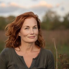 Fototapeta premium Woman, red hair, field, sunset, pensive, nature, portrait, calm, beauty, advertisement