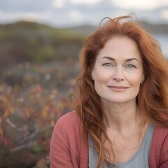 Fototapeta premium Woman, redhead, coastal, serene, autumn, portrait, outdoors, windblown, beauty, happiness
