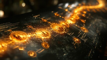 Glowing city timeline, futuristic map, dark background, data visualization