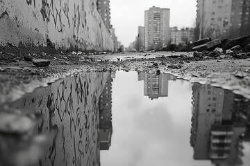 Graffiti art that is beautiful and reflected in a puddle in the middle of the street, showcasing abstract, creative drawings with vibrant fashion colors on city walls
