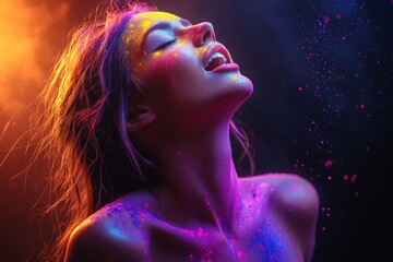 Holi colors festival. A portrait of a beautiful, screaming model with colorful powder art on a black studio backdrop. Bold LGBT body art conveying a protest message. Flashy young woman