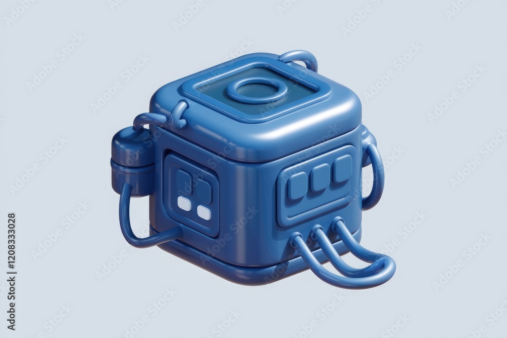 Poster A 3D rendering of a cute, blue, cube-shaped robot with various buttons and connectors.
