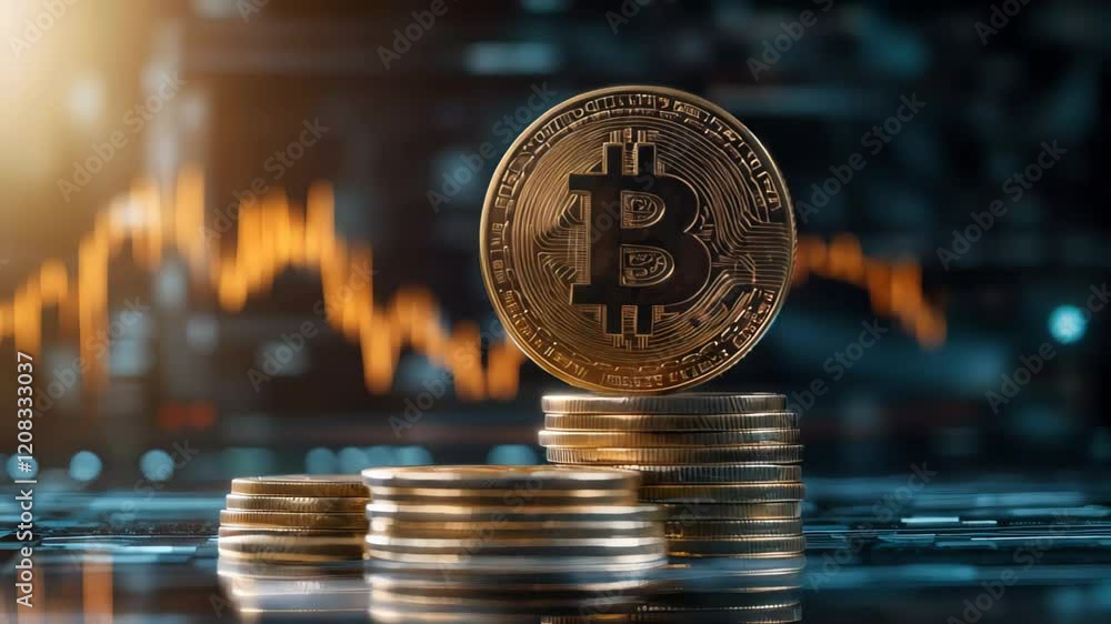 Poster bitcoin cryptocurrency coin standing on increasing coin stacks with stock market graph showing decre