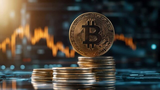 Bitcoin cryptocurrency coin standing on increasing coin stacks with stock market graph showing decrease representing the risks and rewards of investing in the volatile cryptocurrency market