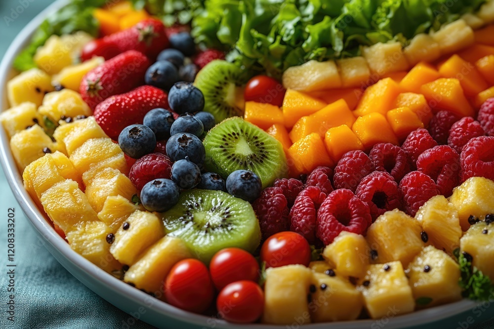 Poster a colorful array of fruits on a platter, perfect for snacking or serving at a party