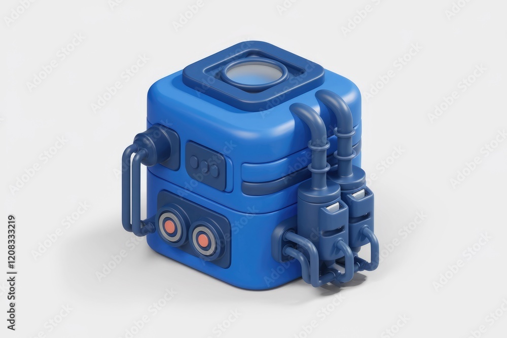 Poster a stylized 3d rendering of a compact blue industrial machine with pipes and controls.