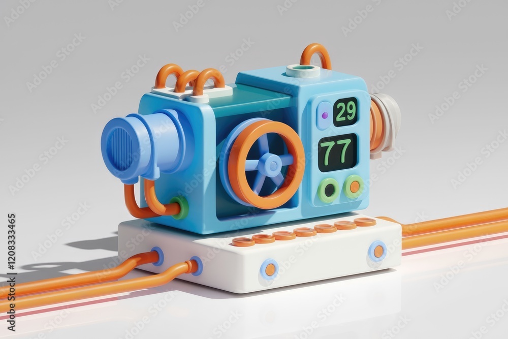 Poster a stylized 3d model of a small, colorful machine with pipes and digital displays, possibly represent