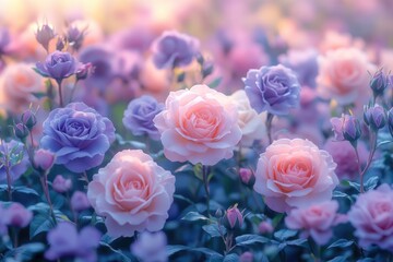 Fototapeta premium A bouquet of pink and purple roses grows in a lush green field