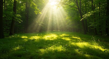 Obraz premium Sunlight streams through a vibrant green forest.