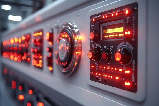 A close-up view of a control panel with red lights lit up, ideal for technology or industrial settings