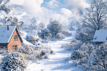 Naklejka premium Snowy landscape with a path leading to a village. The houses are small and made of brick. The scene is peaceful and serene, with the snow covering the ground and trees