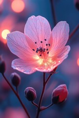 A macro shot of a flower with soft, blurry lights in the background