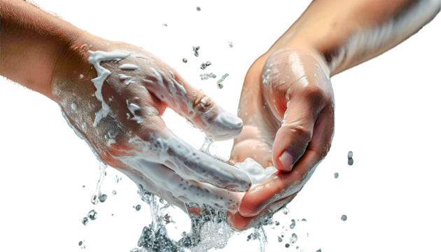 Hand Washing Ritual: A close-up view of hands lathered in soap, water splashing, conveying the importance of thorough hand hygiene for cleanliness and health.