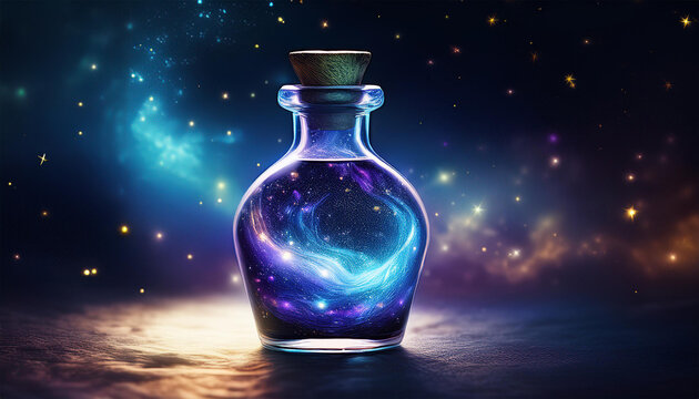 a bottle of glowing magic potion in the dark with a mysterious starry night sky in the background a glass vial containing a galaxy elixir a fantastical substance witch s bottled brew
