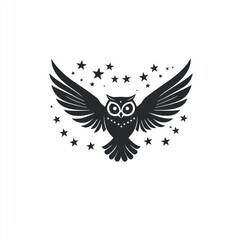 Obraz premium Black owl with open wings and stars on a white background used for design or decoration