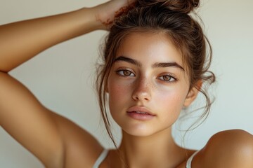 Obraz premium A person with hair tied up in a messy top knot, perfect for casual or everyday use