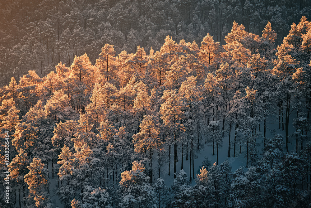 Aufkleber snowy forest with trees covered in snow. the trees are tall and spread out, creating a serene and pe