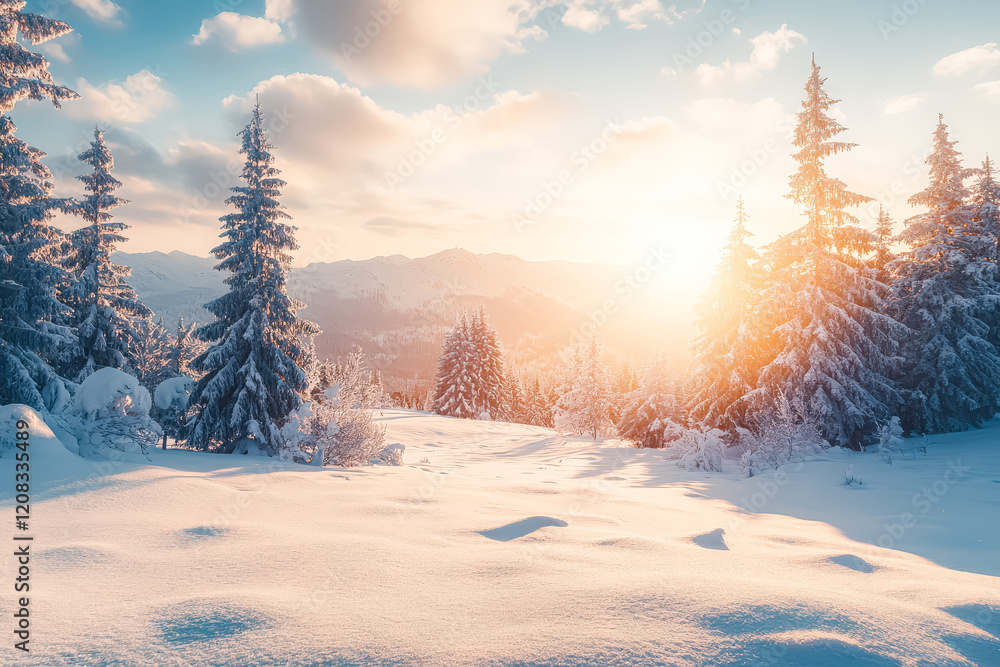 Poster serene and peaceful scene of a snowy field with trees in the background. the sun is shining brightly