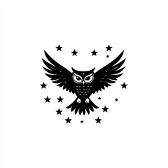 Obraz premium Black owl with spread wings flies among stars for educational or nature projects