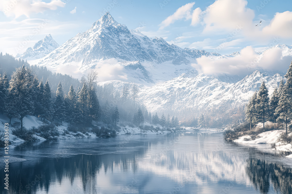 Aufkleber serene and peaceful scene of a snowy field with trees in the background. the sun is shining brightly
