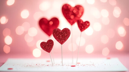 Composition of red hearts on sticks on a white background. Card for Valentine's Day.
