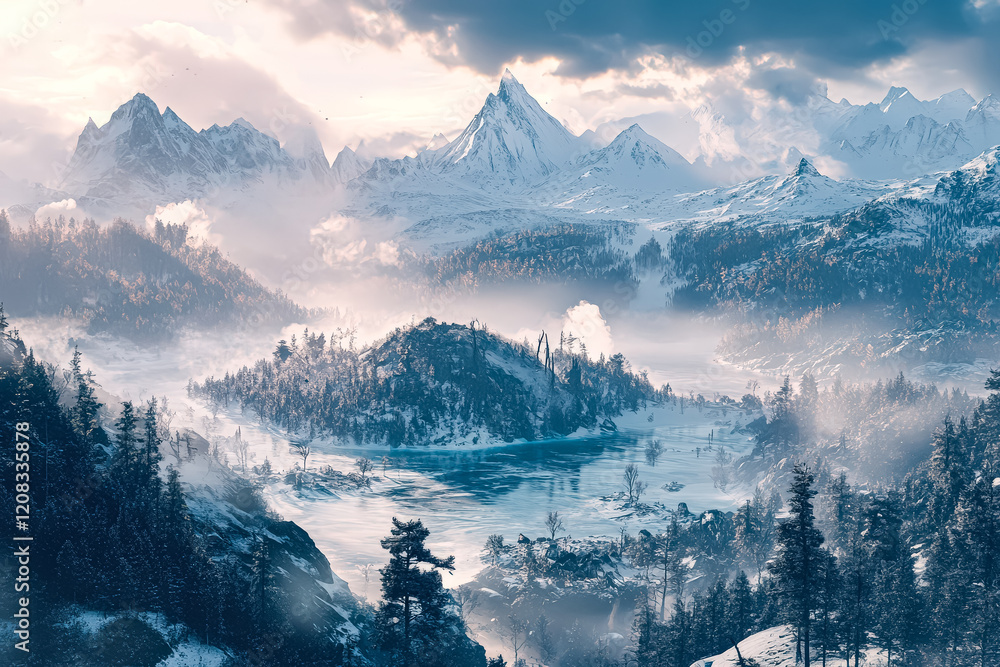Aufkleber serene and peaceful scene of a snowy field with trees in the background. the sun is shining brightly
