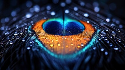 Close-up of a vibrant peacock feather with water droplets. (1)