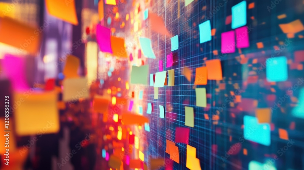 Aufkleber many colorful sticky notes are attached to a transparent digital board, representing agile methodolo