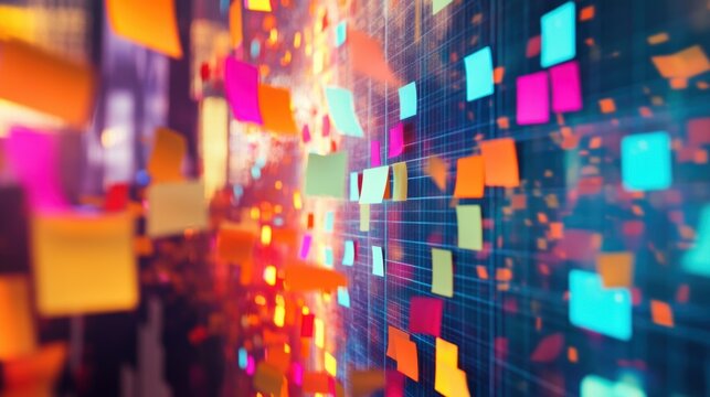 Many colorful sticky notes are attached to a transparent digital board, representing agile methodology and project management in a dynamic and innovative way