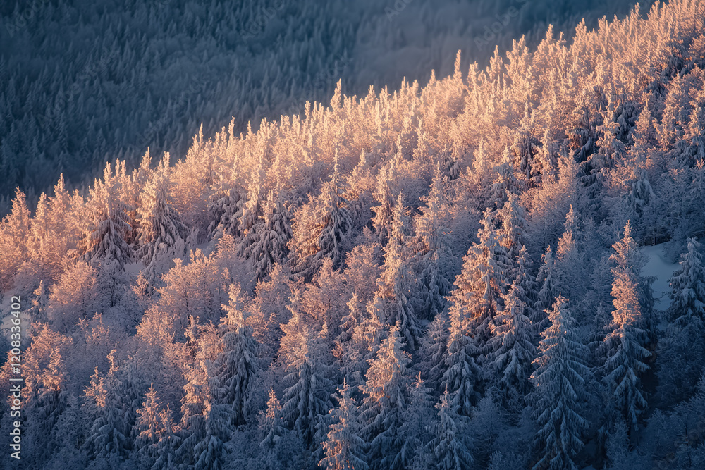 Poster snowy mountain with trees covered in snow. the sun is shining through the trees, creating a warm and
