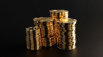 Poker chips, casino entertainment. Stack of gold poker chips isolated on black background.