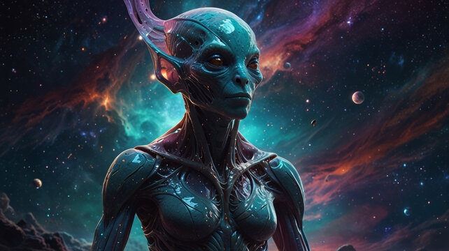 Sci-fi blue humanoid alien portrait against colorful nebula and galaxy space background