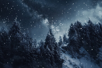 Fototapeta premium Snowy forest with trees covered in snow. The sky is dark and the stars are visible