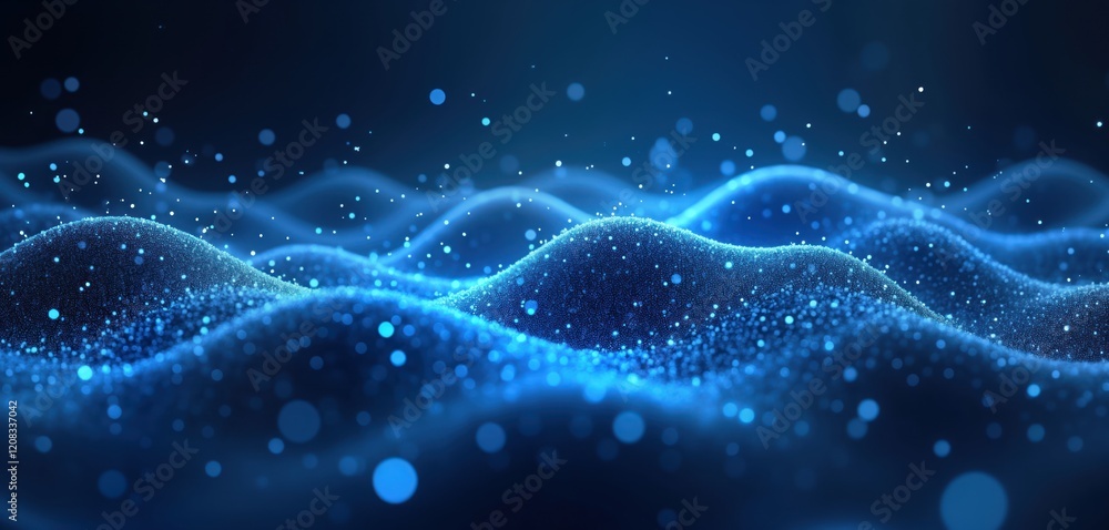 Poster abstract graphic design with blue wavy lines, bright particles. modern smooth lines flow through dar