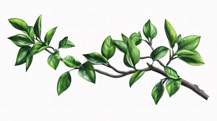 Detailed Isolated Green Branch with Vibrant Leaves on White Background