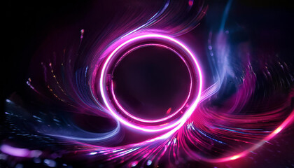 Futuristic cyberpunk-style glowing pink neon ring. Dynamic energy, dark backdrop. Digital art.