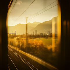 Scenic train journey at golden hour with a view of mountains, city skyline, and countryside through the window