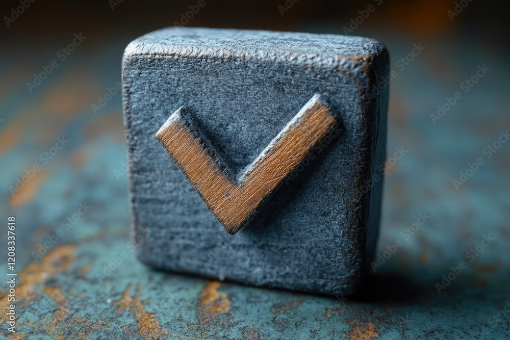 Poster close-up shot of a wooden block with a check mark symbol, suitable for use in presentations, documen