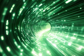 Futuristic green tunnel with dynamic light streaks and illuminated particles