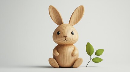 Cute wooden toy rabbit on white background with leaf accent for children's decor