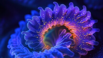 Obraz premium bioluminescent microorganisms flowing in spiral patterns, ethereal blue and purple hues, microscopic world with glowing cellular structures, abstract scientific visualization