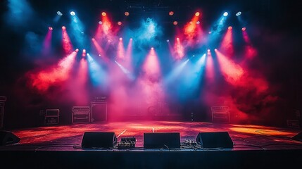 Empty stage with colorful lighting and fog.