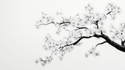 Elegant black and white cherry blossom branch illustration