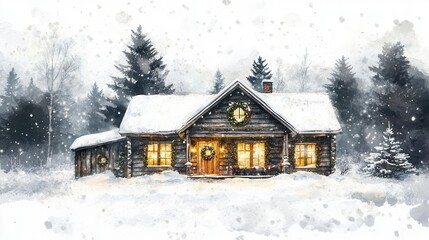 Fototapeta premium charming nordic cottage nestled in snow, warm golden windows glowing, decorated with holiday wreaths and fairy lights, watercolor style with loose brushstrokes and soft textures