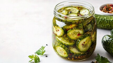Marinated and Pickled Cucumbers with Detailed Textures in a Jar