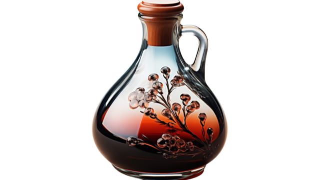 A modern soy sauce bottle with a clean and sleek design for culinary use, studio view, isolated on transparent background.