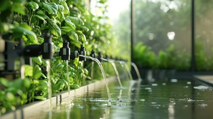 Naklejka premium Vertical garden with watering system in a modern greenhouse