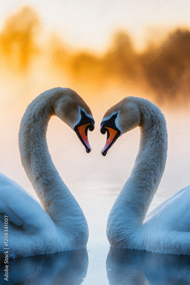 Poster two swans creating a heart shape with their necks in a peaceful water setting