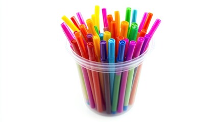 Fototapeta premium Colorful markers in plastic cup, white background, art supplies